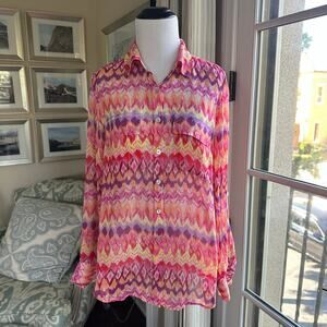 Go SIlk Multi Color Batik Ikat Pattern Long Sleeve Button Down 100% Silk Size S